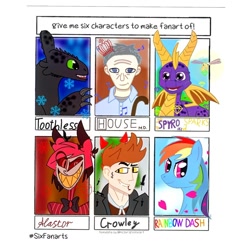 Size: 1080x1080 | Tagged: safe, artist:haruki_and_matthew, rainbow dash, deer, demon, dragon, human, pegasus, pony, undead, wendigo, g4, alastor, anthony j. crowley, bust, cane, cloud, crossover, crown, deer demon, female, good omens, gregory house, hazbin hotel, hellaverse, house m.d., how to train your dragon, jewelry, male, mare, open mouth, overlord demon, regalia, sharp teeth, sinner demon, six fanarts, smiling, spyro the dragon, spyro the dragon (series), teeth, that's entertainment, toothless the dragon