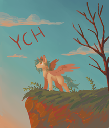Size: 1700x2000 | Tagged: safe, artist:flaming-trash-can, pony, cliff, commission, solo, tree, your character here