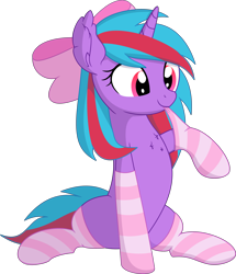 Size: 6619x7679 | Tagged: safe, artist:cyanlightning, oc, oc only, oc:cosmic spark, pony, unicorn, bow, clothes, female, hair bow, mare, simple background, sitting, socks, solo, stockings, thigh highs, transparent background, vector
