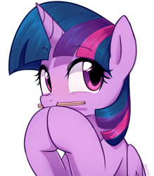 Size: 2100x2400 | Tagged: safe, artist:maren, twilight sparkle, alicorn, pony, g4, bust, chopsticks, cute, female, high res, hooves together, mare, mouth hold, simple background, smiling, solo, twiabetes, twilight sparkle (alicorn), white background