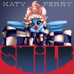 Size: 2000x2000 | Tagged: safe, artist:aldobronyjdc, pegasus, anthro, album cover, clothes, clown, clown nose, costume, eye clipping through hair, female, high res, katy perry, looking at you, ponified, ponified album cover, red nose, sad clown, sad pony, simple background, smile (album), solo, text