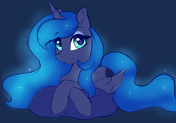Size: 2997x2106 | Tagged: safe, artist:arjinmoon, princess luna, alicorn, pony, g4, blue background, chest fluff, crossed hooves, cute, female, high res, lunabetes, mare, pillow, prone, simple background, solo