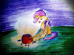 Size: 1280x960 | Tagged: safe, artist:kiwwsplash, fluttershy, bat pony, pony, g4, bat ponified, female, flutterbat, mare, nightmare night, outdoors, pumpkin bucket, race swap, sitting, solo, tongue out, traditional art