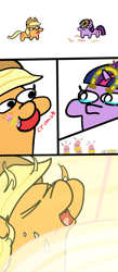 Size: 1000x2303 | Tagged: safe, artist:wren, applejack, twilight sparkle, oc, oc:puddle worms™, pony, worm, accidental vore, alarmed, apple, comic, cowboy hat, crying, eating, element of generosity, element of honesty, element of kindness, element of laughter, element of loyalty, element of magic, elements of harmony, female, food, hat, horseshoe tiara, horseshoes, jewelry, noodles, pain, ramen, screaming, simple background, squatpony, this will end in disintegration, tiara, twiggie, vore, white background
