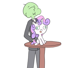Size: 1000x928 | Tagged: safe, artist:happy harvey, sweetie belle, oc, oc:anon, food pony, human, original species, pony, unicorn, bite mark, chewing, drawn on phone, eating, female, filly, food, hard vore, humans eating ponies, marshmallow, ponified, simple background, sitting, standing, sweetie belle is a marshmallow too, table, transparent background, vore