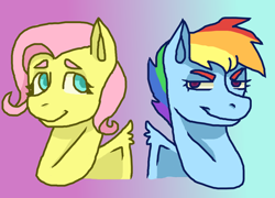Size: 1600x1154 | Tagged: safe, artist:theedgyduck, fluttershy, rainbow dash, g4, alternate hairstyle, bust, duo, female, mare, short hair, simple background