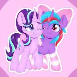 Size: 4000x4000 | Tagged: safe, artist:partypievt, starlight glimmer, oc, oc:cosmic spark, pony, unicorn, g4, absurd resolution, bow, canon x oc, clothes, crying, cute, duo, eye clipping through hair, eyebrows, eyebrows visible through hair, glimmerbetes, hair bow, hoof around neck, hug, looking at each other, one eye closed, side by side, smiling, socks, striped socks, tears of joy, teary eyes, walking, wingding eyes, wink