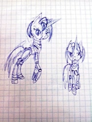 Size: 810x1080 | Tagged: safe, artist:kiwwsplash, oc, oc only, pony, robot, robot pony, duo, graph paper, lineart, traditional art