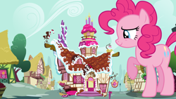 Size: 3840x2160 | Tagged: safe, artist:totalcrazyness101, pinkie pie, earth pony, pony, g4, female, giant pinkie pie, giant pony, giant/macro earth pony, giantess, high res, macro, mare, mega pinkie, raised hoof, sugarcube corner