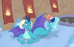 Size: 6000x3804 | Tagged: safe, artist:comfyplum, princess ember, oc, oc:preelix, dragon, g4, absurd resolution, banner, bloodstone scepter, cave, dragon lord ember, fanfic art, female, giant dragon, giantess, interior, macro, older, open mouth, size difference, smiling, spread wings, throne, wings