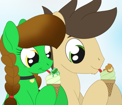 Size: 1589x1369 | Tagged: safe, artist:dyonys, oc, oc:lucky brush, oc:night chaser, earth pony, pony, braid, bust, choker, female, food, freckles, hoof hold, husband and wife, ice cream, luckychaser, male, mare, smiling, stallion, tongue out