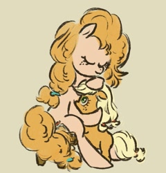 Size: 1497x1558 | Tagged: safe, artist:laya-21, applejack, pear butter, earth pony, pony, g4, blank flank, cute, duo, female, filly, filly applejack, hug, jackabetes, mother and child, mother and daughter, pearabetes, younger