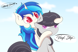 Size: 2250x1500 | Tagged: safe, artist:m. scarlet, dj pon-3, octavia melody, vinyl scratch, earth pony, pony, unicorn, g4, biting, colored pupils, cute, ear bite, female, lesbian, mare, ship:scratchtavia, shipping, vinylbetes, wrong eye color