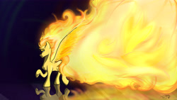 Size: 6721x3780 | Tagged: safe, artist:mixdaponies, spitfire, pegasus, pony, g4, absurd resolution, female, fiery wings, fire, mane of fire, mare, pun, solo, spitfiery, tail of fire, visual pun, wallpaper, wings