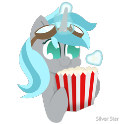 Size: 6672x6672 | Tagged: safe, artist:silverstararts, oc, oc only, oc:rym, pony, unicorn, bust, cute, eating, food, goggles, herbivore, magic, popcorn, popcorn box, simple background, solo, transparent background