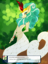 Size: 1200x1600 | Tagged: safe, artist:broeckchen, rain shine, kirin, lamia, monster pony, original species, anthro, g4, ask, clothes, covered, female, lamiafied, leader, looking at you, partial nudity, solo, species swap, topless, tree, tumblr