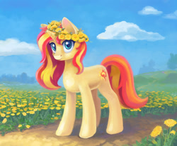 Size: 1200x992 | Tagged: safe, artist:maytee, sunset shimmer, pony, unicorn, g4, cute, dandelion, female, floral head wreath, flower, looking at you, mare, shimmerbetes, solo