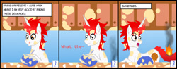 Size: 2405x944 | Tagged: safe, artist:mesuyoru, oc, oc:stroopwafeltje, oc:waffles, pony, unicorn, baking, catching fire, comic, comic strip, cooking, dough, eggshell, fire, flour, kitchen, netherlands, pointy ponies, ponycon holland, red hair, white coat