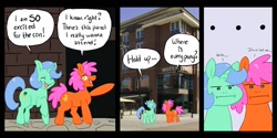 Size: 1200x600 | Tagged: safe, artist:vederlicht, pony, blue hair, comic, comic strip, con, convention, female, full body, funny, happy, male, orange coat, picture frame, pink hair, poker face, ponycon holland, raised hoof, random pony