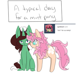 Size: 1000x1000 | Tagged: safe, artist:kaggy009, oc, oc only, oc:cherry blossom, oc:peppermint pattie (unicorn), pony, unicorn, ask peppermint pattie, female, licking, mare, tongue out