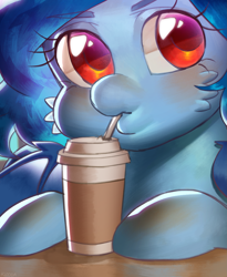 Size: 2081x2544 | Tagged: safe, artist:klooda, oc, oc only, oc:tazzee, bat pony, pony, blushing, bust, coffee, commission, cute, female, finished commission, high res, hooves on the table, looking at you, mare, portrait, red eyes, sipping, solo, spread wings, wings, ych result