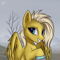 Size: 3000x3000 | Tagged: safe, artist:xanter, oc, oc only, oc:psychoshy, pegasus, pony, fallout equestria, fallout equestria: project horizons, bust, dead tree, ear fluff, eye reflection, fanfic, fanfic art, female, high res, mare, portrait, power hoof, raised hoof, reflection, smiling, solo, spread wings, tree, wings