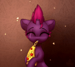Size: 1564x1386 | Tagged: safe, artist:radioaxi, fizzlepop berrytwist, tempest shadow, pony, unicorn, g4, animated, blinking, broken horn, cheese pizza, cute, cuteness overload, eating, eye scar, female, food, gif, horn, mare, pizza, scar, solo, tempestbetes