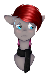 Size: 1578x2310 | Tagged: safe, artist:chazmazda, oc, oc only, oc:steelrhythm, pony, blushing, bust, clothes, colored, eye shimmer, flat colors, highlight, highlights, nervous, portrait, scared, scarf, shading, shiny eyes, short hair, simple background, solo, sweat, sweatdrop, transparent background