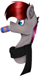 Size: 1356x2588 | Tagged: safe, artist:chazmazda, oc, oc only, oc:steelrhythm, pony, blushing, bust, can, clothes, colored, drink, drinking, eye shimmer, flat colors, highlight, highlights, irn bru, portrait, scarf, shading, shiny eyes, short hair, simple background, sipping, solo, transparent background