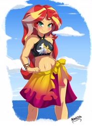 Size: 2543x3474 | Tagged: safe, artist:nin10ja, sunset shimmer, equestria girls, g4, bikini, blushing, clothes, female, high res, looking at you, sarong, smiling, solo, summer sunset, sunset shimmer swimsuit, sunset shimmer's beach shorts swimsuit, swimsuit