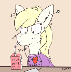 Size: 1984x1999 | Tagged: safe, artist:arrell, oc, oc only, oc:aryanne, pony, clothes, colored sketch, drinking, earbuds, female, juice, juice box, mare, music notes, shirt, sketch, solo, t-shirt