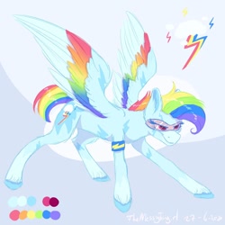 Size: 1280x1280 | Tagged: safe, artist:themessyfangirl, rainbow dash, pegasus, pony, g4, coat markings, colored wings, female, glasses, hooves, mare, multicolored wings, rainbow wings, simple background, smiling, smirk, spread wings, wings