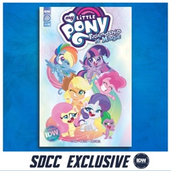 Size: 1000x1000 | Tagged: safe, artist:idwpublishing, idw, applejack, fluttershy, pinkie pie, rainbow dash, rarity, spike, twilight sparkle, alicorn, earth pony, pegasus, pony, unicorn, g4.5, my little pony: pony life, official, spoiler:comic01, comic con, comic con at home, cover, female, male, mane seven, mane six, mare, my little pony logo, san diego comic con, sdcc 2020, twilight sparkle (alicorn)