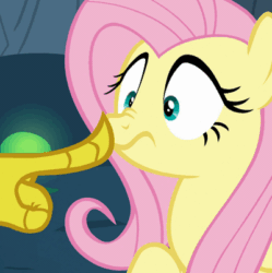 Size: 400x401 | Tagged: safe, screencap, discord, fluttershy, pegasus, pony, g4, to where and back again, animated, boop, claw, disguise, disguised changeling, female, gif, offscreen character, solo focus