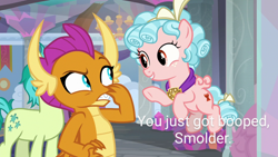 Size: 1280x720 | Tagged: safe, edit, edited screencap, screencap, cozy glow, sandbar, smolder, dragon, pegasus, pony, g4, school raze, background character, duo focus, female, filly, foal, hand on face, rubbing nose, text, text edit