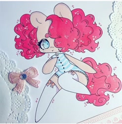 Size: 720x729 | Tagged: safe, artist:dollbunnie, pinkie pie, semi-anthro, g4, alternate hairstyle, arm hooves, clothes, cute, fanart, female, hair over one eye, instagram, marker drawing, pigtails, solo, stockings, thigh highs, traditional art