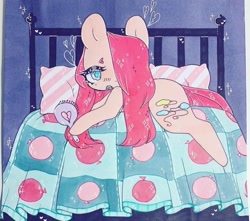 Size: 720x637 | Tagged: safe, artist:dollbunnie, pinkie pie, earth pony, pony, g4, bed, broken hearts, brush, female, hair over one eye, instagram, marker drawing, pinkamena diane pie, solo, traditional art