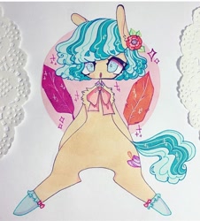 Size: 720x796 | Tagged: safe, artist:dollbunnie, coco pommel, earth pony, semi-anthro, g4, clothes, cocobetes, collar, curly mane, cute, feather, female, hairpin, instagram, marker drawing, socks, solo, traditional art