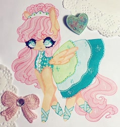 Size: 711x750 | Tagged: safe, artist:dollbunnie, fluttershy, pegasus, pony, g4, green isn't your color, alternate hairstyle, clothes, dress, fanart, instagram, marker drawing, shoes, traditional art