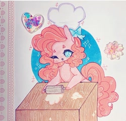 Size: 720x691 | Tagged: safe, artist:dollbunnie, pony, baking, chef's hat, dough, hat, instagram, open mouth, solo, table