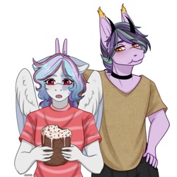 Size: 1080x1080 | Tagged: safe, artist:loni_ee_, oc, oc only, pegasus, anthro, :o, abstract background, cake, choker, clothes, duo, ear fluff, eating, food, open mouth, pegasus oc, redraw, simple background, white background, wings