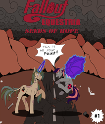 Size: 2200x2592 | Tagged: safe, artist:shirofluff, oc, oc:galaxy rose, oc:scorcher, bat pony, ghoul, pegasus, pony, undead, unicorn, comic:seeds of hope, fallout equestria, angry, badlands, canterlot ghoul, comic, cover art, fallout, fallout equestria seeds of hope, fan comic, fanfic, female, high res, issue 1, magic, male, mare, nuclear, post-apocalyptic, radlands, small, smol, stallion, telekinesis