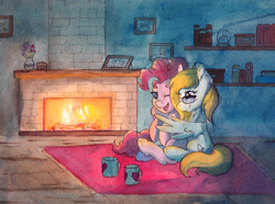 Size: 5712x4260 | Tagged: safe, artist:lightisanasshole, pinkie pie, oc, oc:cloud cuddler, earth pony, pegasus, pony, g4, book, bookshelf, carpet, cuddling, cup, dark, duo, duo female, female, fire, fireplace, flower, glasses, looking at each other, mouse cursor, one eye closed, pegasus oc, photos, shipping, shipping fuel, sitting, snow globe, wings, wink