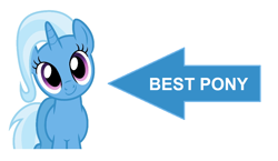 Size: 1042x604 | Tagged: safe, trixie, pony, unicorn, g4, best pony, c:, caption, caption arrow, cute, diatrixes, female, looking at you, mare, opinion, simple background, smiling, solo, text, trixie is best pony, white background