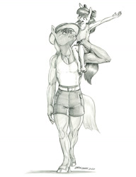 Size: 1000x1304 | Tagged: safe, artist:baron engel, apple bloom, big macintosh, earth pony, anthro, unguligrade anthro, g4, apple siblings, bow, brother and sister, clothes, cute, female, filly, hair bow, hat, male, monochrome, pencil drawing, shorts, siblings, sisters, stallion, traditional art