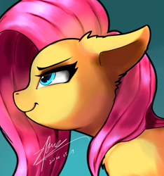Size: 1921x2055 | Tagged: safe, artist:zpdea, fluttershy, pony, g4, assertive fluttershy, badass, bust, cute, determined, determined look, ear fluff, female, flutterbadass, mare, pixiv, portrait, profile, shyabetes, simple background, solo, teal background