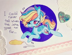 Size: 720x548 | Tagged: safe, artist:dollbunnie, rainbow dash, g4, ;'(, cats millionaire, crying, long ears, marker drawing, sad, song reference, traditional art, yellow horse