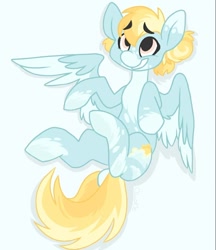 Size: 800x926 | Tagged: safe, artist:c_owokie, oc, oc only, pegasus, pony, coat markings, eyebrows, eyebrows visible through hair, grin, pegasus oc, simple background, smiling, socks (coat markings), solo, wings