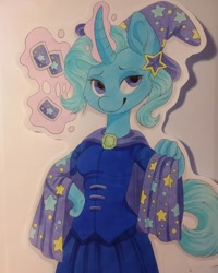 Size: 1080x1350 | Tagged: safe, artist:c_owokie, trixie, unicorn, anthro, g4, cape, card, clothes, curved horn, female, glowing horn, hat, horn, magic, smiling, solo, telekinesis, traditional art