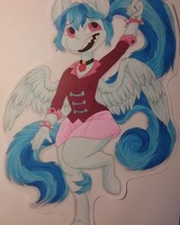 Size: 1080x1350 | Tagged: safe, artist:c_owokie, sonata dusk, pegasus, anthro, unguligrade anthro, g4, clothes, equestria girls ponified, female, jewelry, necklace, open mouth, ponified, sharp teeth, skirt, smiling, solo, species swap, spiked wristband, teeth, traditional art, wings, wristband